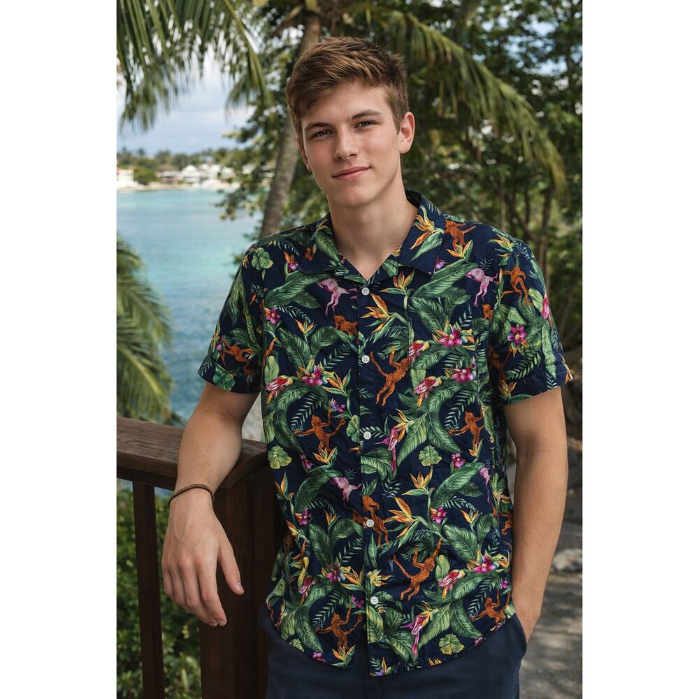 Janie and Jack Big Boys Teen 18 Tropical Button Down Shirt Jungle Monkey Parrot